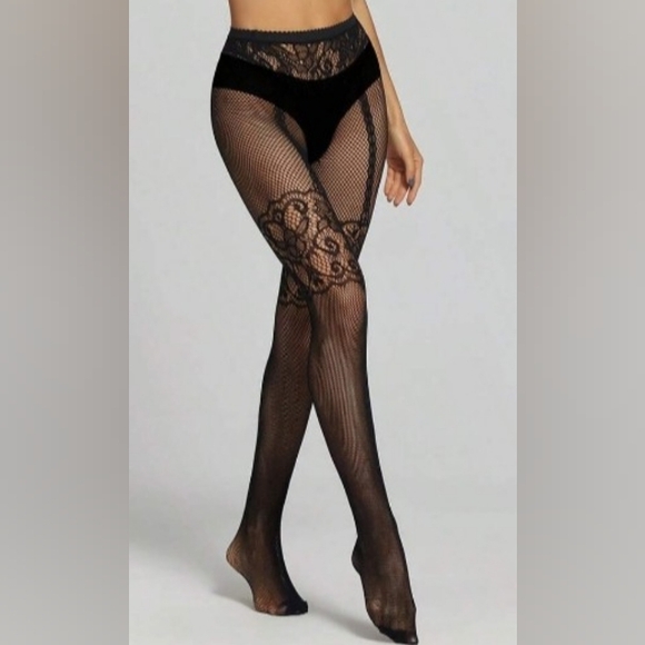 JustFab Accessories - Sexy Elegant Black Lace Patterned Tights, Stockings, Hoisery (S, M, L)